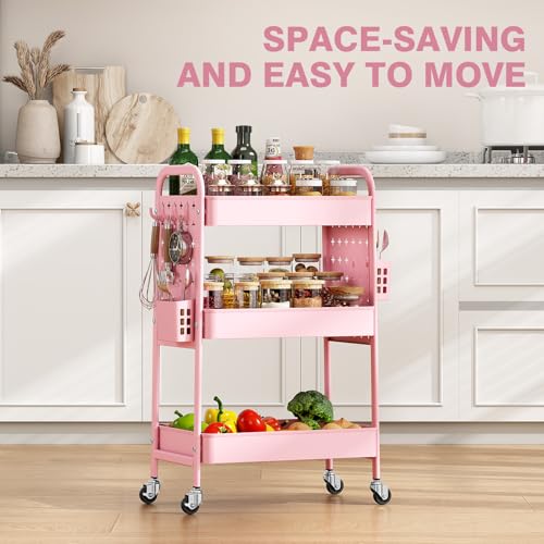 KINGRACK 3 Tier Rolling Cart with DIY Pegboard, Metal Utility Cart with Wheels, Hooks & Baskets, Sturdy Storage Organizer for Craft, Bathroom, Kitchen, Office, Nursery, Classroom(Pink) - color: Pure Pink