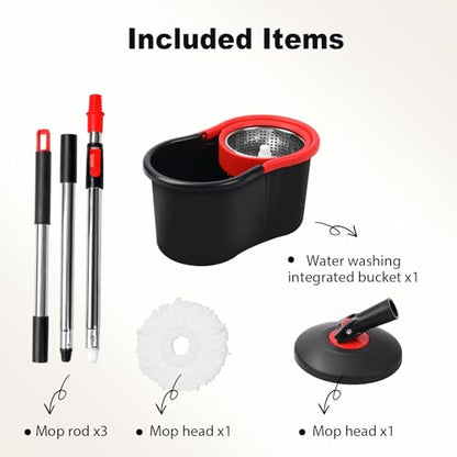 Spin Mop and Bucket, Mop and Bucket with Wringer Set for Home, 360 Spinning Mop Bucket Floor Cleaning Tool with 1 Microfiber Mop Replacement Head,50" Stainless Steel Handle (Black-Includes 1 mop) - color: Black-includes 1 Mop