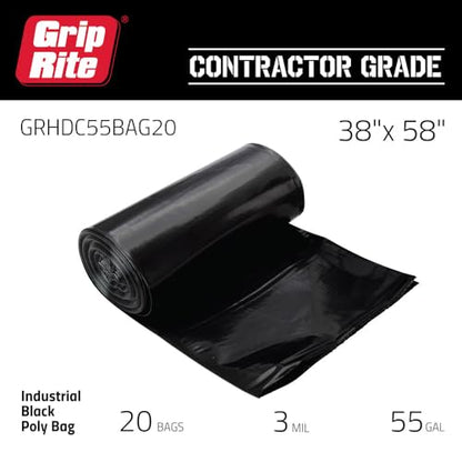 Grip-Rite Heavy Duty Black Contractor Garbage Bags - Durable Trash Bags for Yard Waste, Construction Debris, Lawn Maintenance - 55 Gallons - 38" x 58" - 20 Count - GRHDC55BAG20