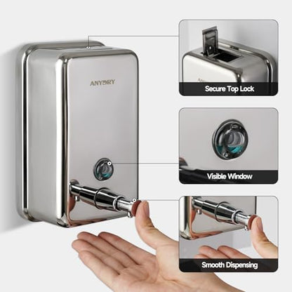 anydry Commercial Soap Dispenser Wall Mount, Polished Stianless Steel Finish Manual Liquid Soap Dispenser - 37oz (1100ml) Model AD1003 - color: Polished
