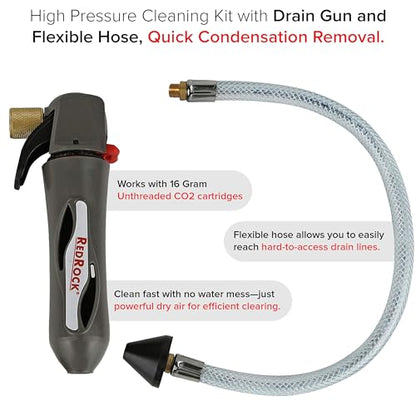 RedRock AC Drain Line Cleaner Tool | HVAC Condensate System Blaster | High Pressure Air Conditioner Unclogger Cleaning Kit with Gallo Gun and Flexible Hose | Compatible 16 Gram CO2 Cartridges