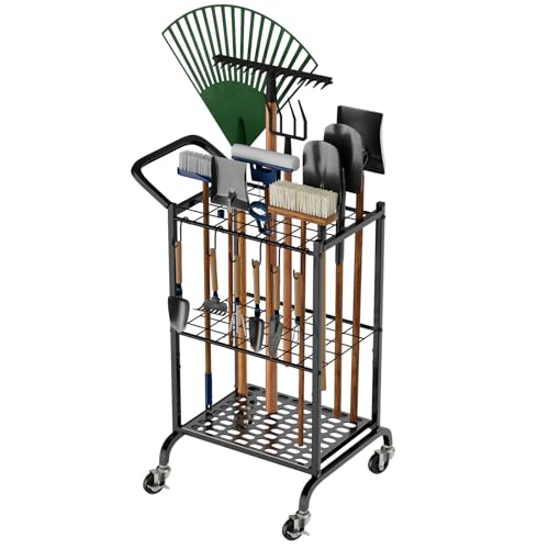 RANXFLOAT Garden Tool Organizer with Wheels, Yard Tool Tower Rack for Garage Organization and Storage, Up to 35 Long-Handled Tools,Metal Tool Holder with 6 Hooks, Black - color: B Style
