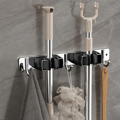 Wall-Mounted Broom Holder Stainless Steel Mop Storage Rack Laundry Room Storage Solution Suitable for Kitchens, Gardens,Garages (Option A: 2 clips with 3 hooks) - color: Option A: 2 clips with 3 hooks