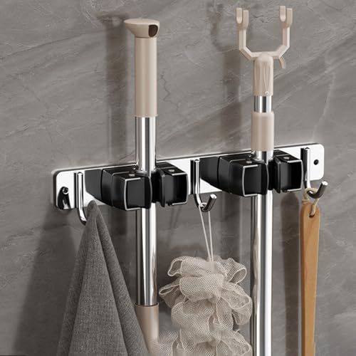 Wall-Mounted Broom Holder Stainless Steel Mop Storage Rack Laundry Room Storage Solution Suitable for Kitchens, Gardens,Garages (Option A: 2 clips with 3 hooks) - color: Option A: 2 clips with 3 hooks