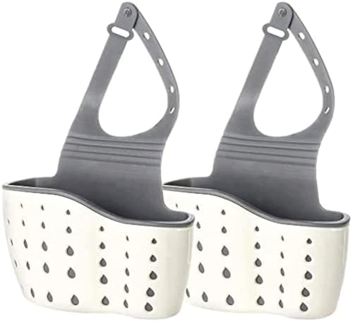 EC ELEGANTCHARM Kitchen Sink Caddy Sponge Holder Silicone Plastic Soap Holder Hanging Ajustable Strap Faucet Caddy with Drain Holes for Drying - color: Beige-2 Pack