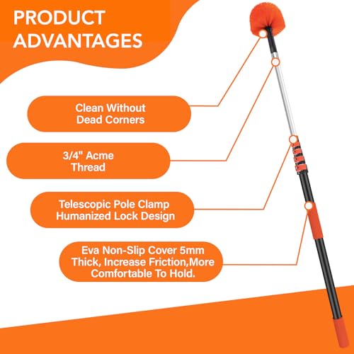 30FT Cobweb Duster with Extension Pole - High Reach Duster for High Ceilings & Outdoor Use - Telescoping Pole 5-24 Ft, Soft Bristles Cobweb Cleaner - 3/4" Acme Universal Thread - size: 24 FT