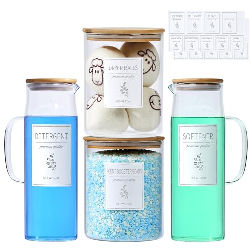 Glass Laundry Detergent Dispenser Set - 2x50oz & 2x70oz Borosilicate Containers with Bamboo Lids, Handle& Labels, Stores Powder,laundry pods,Fabric Softener, for Laundry Room organization and Decor - color: 2 Pods Containers and 2 Dispensers