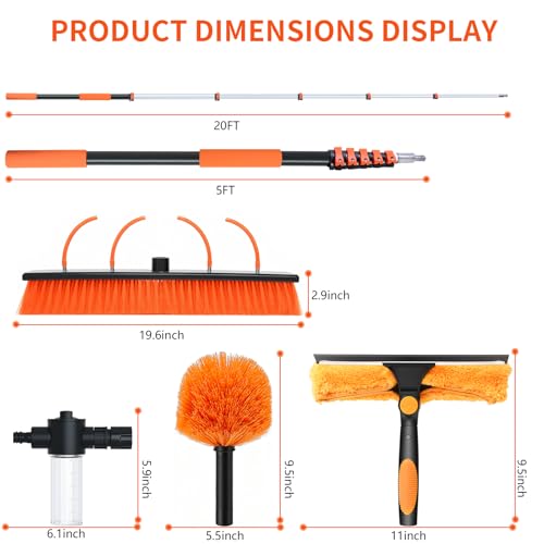 Solar Panel Cleaning Kit with 5-20ft Telescoping Pole, Water Fed Pole Window Cleaning System with Soap-Dispenser, Brush, 11″Squeegee & Cobweb Duster for Snow Removal, Windows, RVs, Decks - size: 5-20ft
