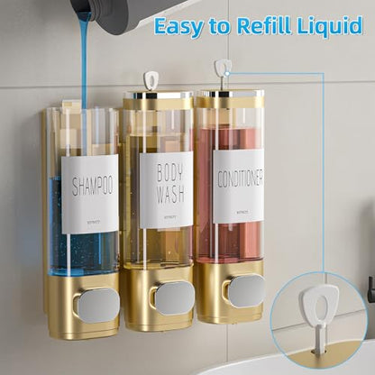 VITVITI Shampoo and Conditioner Dispenser for Shower Wall, Shower Soap Dispenser 3 Chamber No Drill Wall Mounted, 10.2 OZ Plastic Refillable Shower/Body Wash Bottles for Bathroom (Glod) - color: Gold