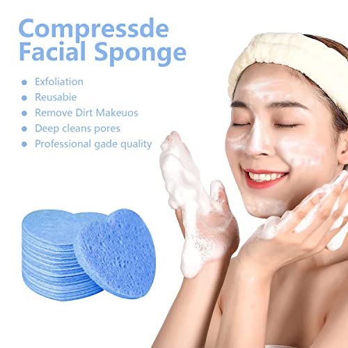 100-Count Compressed Facial Sponges for Estheticians Heart Shape Natural Cellulose Sponge Professional Cosmetic Spa Sponges for Face Cleansing, Massage, Pore Exfoliating, Mask, Makeup Removal, Blue - color: 100- Pack Blue