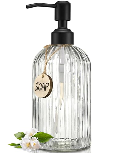 JASAI 18Oz Simple Glass Soap Dispenser with Black Rust Proof Pump,Refillable Kitchen soap Dispenser with Vertical Stripe, Bathroom Soap Dispenser for Dispense Hand soap, Dish Soap, Lotion. - color: Clear-black Pump, size: 1 Pack