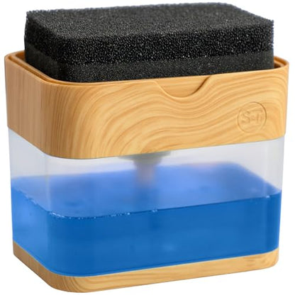 S&T INC. Dish Soap Dispenser and Sponge Holder for Kitchen Sink, Waterproof Labels and Sponge Included, 13 Ounces, Plastic, Bamboo - color: Bamboo