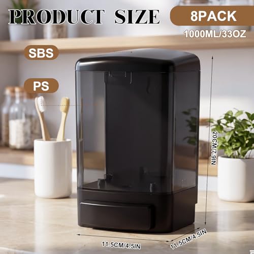 Hushee 8 Pcs Plastic Wall Mounted Soap Dispenser Commercial Manual Soap Containers Wall Dispenser for Kitchen Shower Hotel Liquid Shampoo Gel Chamber (33.8 oz 1000 ml,All Black) - color: All Black, size: 33.8 oz 1000 ml