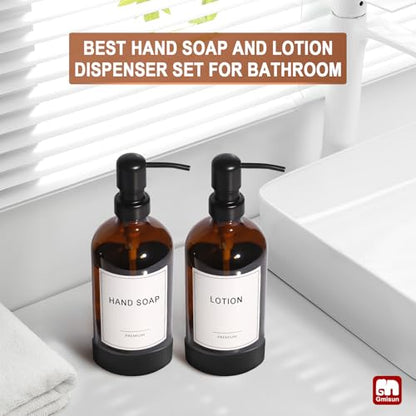 GMISUN Amber Glass Soap Dispenser with Silicone Sleeve Boot, 2 Pack Bathroom Hand Soap Dispensers with Pump, 17 Fl Oz Kitchen Hand and Dish Soap Dispenser Set, Liquid Soap Dispensers Bottle - color: Amber Bottle + Black Pump + Silicone Boot, size: 2 Pack