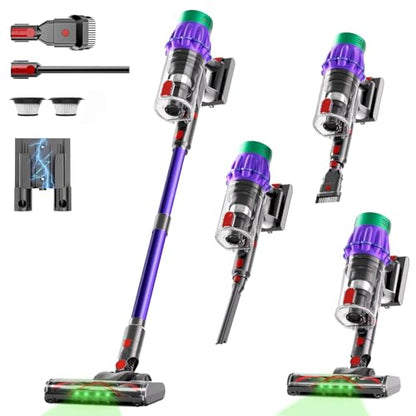 Cordless Vacuum Cleaner, 650W 55KPA 70Min Wireless Vacuum for Home, Stick Vacuum with Green Light Anti-Tangle, Rechargeable Vacuum Cleaners for Pet Hair Carpet Hard Floors （Purple）