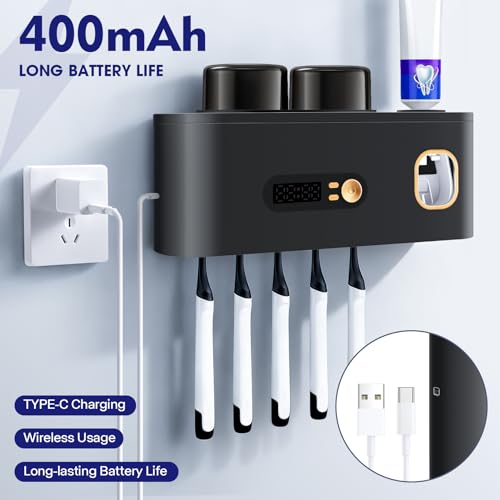 Toothbrush Sterilizer Holders,Smart Drying and Cleaning Wall Mounted Holder with Automatic Toothpaste Dispenser, 5 Brush Slots 2 Cups for Bathroom (Gray) - color: Gray
