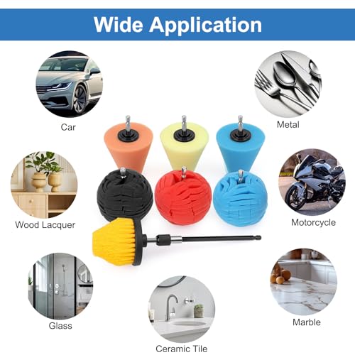 Linkstyle 8PCS Wheel Polishing Pads Kit for Drill, Foam Buffing Cone, Sponge Polishing Ball, with 1/4" Hex Extension Holder & Cleaning Brush for Car Rim, Wheel Hub, Motorcycle, Aluminum,Metal - style: Cone & Ball_8PCS