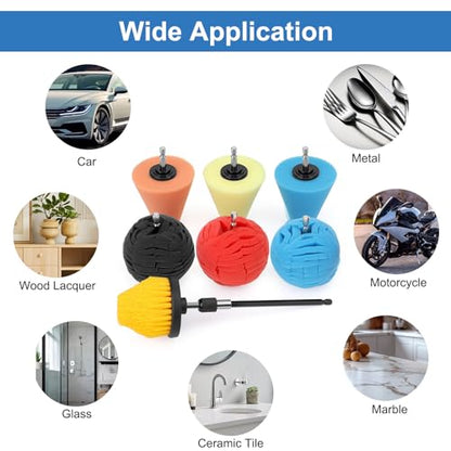 Linkstyle 8PCS Wheel Polishing Pads Kit for Drill, Foam Buffing Cone, Sponge Polishing Ball, with 1/4" Hex Extension Holder & Cleaning Brush for Car Rim, Wheel Hub, Motorcycle, Aluminum,Metal - style: Cone & Ball_8PCS