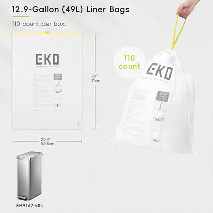 EKO 12.9 Gallon / 45-49 Liter, 110 Count Drawstring Trash Bags, Extra-Strong Unscented Garbage Bags, Easy-Dispense Roll for Kitchen & Household Use, Resists Tears, Leaks and Punctures, Code J, White - size: 110 Count (Pack of 1), style: 12.9 Gallon Bags/C