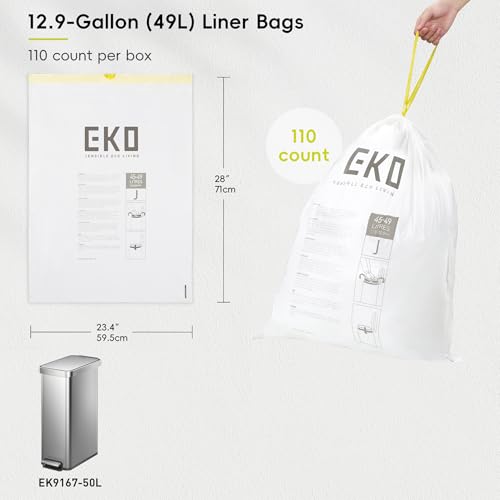EKO 12.9 Gallon / 45-49 Liter, 110 Count Drawstring Trash Bags, Extra-Strong Unscented Garbage Bags, Easy-Dispense Roll for Kitchen & Household Use, Resists Tears, Leaks and Punctures, Code J, White - size: 110 Count (Pack of 1), style: 12.9 Gallon Bags/C
