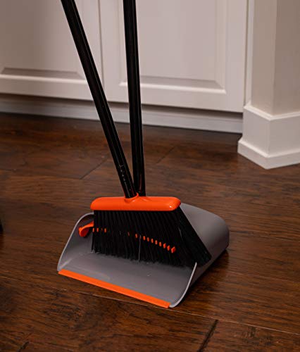 BirdRock Home Broom and Dustpan Set - Lobby Dust Pan - Orange and Grey Durable Set - Indoor or Outdoor - Sweep Combo Great for Kitchen, Home, Garage and Office - Clip On Self Cleaning Bristles