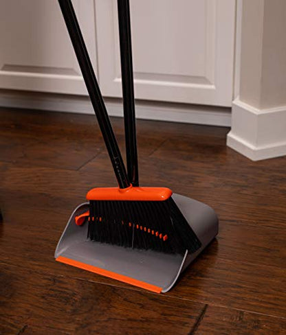 BirdRock Home Broom and Dustpan Set - Lobby Dust Pan - Orange and Grey Durable Set - Indoor or Outdoor - Sweep Combo Great for Kitchen, Home, Garage and Office - Clip On Self Cleaning Bristles