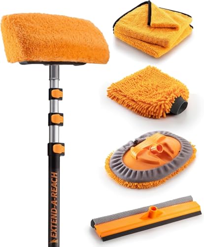 Car & RV Wash Brush Kit 48-144״ Long Extendable Handle Car, RV, Truck Washing Kit with Extension Pole - Microfiber Car Mop, Soft Washing Brush, Window Squeegee, Mitt, The Ultimate RV-Wash Cleaning Kit