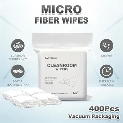 Cleanroom Wipers 4"x4"(400 Pcs, 100% Polyester, Class 100, 120GSM) Double Knit 100% Lint Free Cloths with Ultra-fine Filaments, Laser Sealed Edge Ultra-Soft Wipers - size: 4"x4" (Pack of 400)