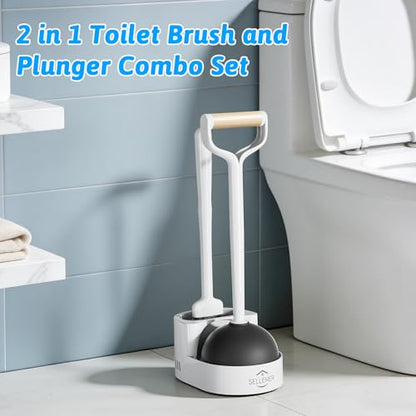 Sellemer 2 in 1 Toilet Brush and Plunger Set, Curved Design Head for Deep Clean, Heavy Duty Toilet Bowl Brush and Plunger Combo with Holder for Bathroom,White, 2 Pack - color: White