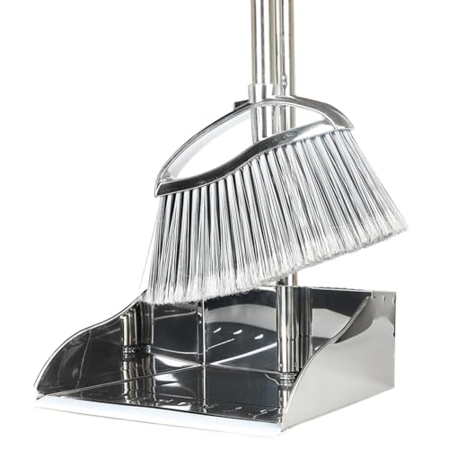Stand Up Metal Dustpan & Stiff Bristle Broom Set–Heavy Duty for Yard, Patio | No-bend stand up design / Heavy duty metal dustpan with teeth / 4-layer stiff Bristle broom / For outdoor floor sweeping