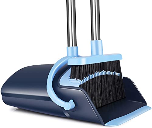 Broom and Dustpan Set for Home 2026 Indoor Outdoor Broom with Dustpan Combo Set Upright Dust Pans with Long Handle Angle Broom for Kids Garden Pet Hair Lobby Wood Floor Kitchen - color: Blue