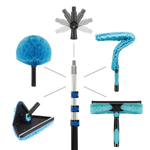 20 Foot Painted Wall Cleaner Mop with 12 Ft Heavy Duty Extension Pole, 3-in-1 High Ceiling Cleaning Tool with 4 Microfiber Chenille Pad, Cobweb Duster, Fan, Baseboard, Window Squeegee Kit (12ft) - size: 12ft
