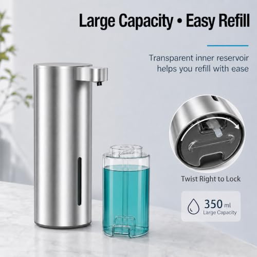XINKORA Stainless Steel Automatic Soap Dispenser for Dish & Hand Soap, Touchless Sensor Pump, 4 Adjustable Levels, USB-C Rechargeable, 350mL, Wall Mount or Countertop for Kitchen & Bathroom