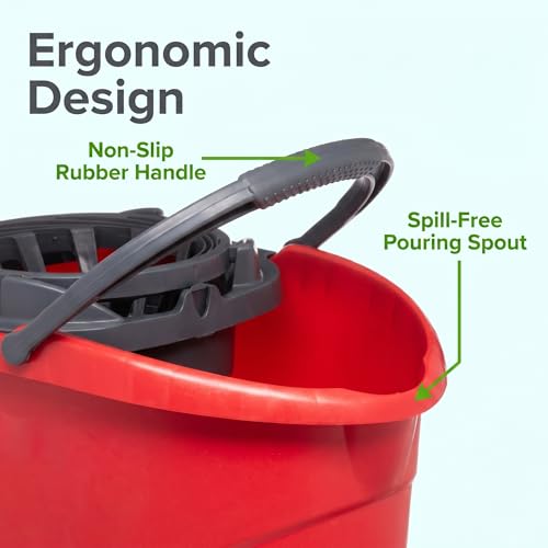 2.5 Gallon Mop Bucket with Wringer, Hands-Free Cleaning Bucket with Spout and Carry Handle, Bucket Floor Cleaning System for Home Kitchen, Bathroom and Household, Red