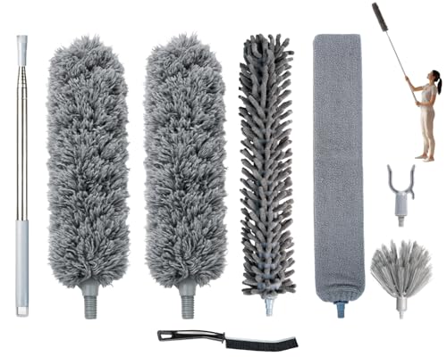 Microfiber Feather Duster with Extension Pole 100 Inches, (8 PCS), Cleaning Brush, Dusters for Cleaning High Ceilings, Cobwebs, Blinds, Cars, Reusable, Washable, Extendable, Ceiling Fan Cleaner Duster