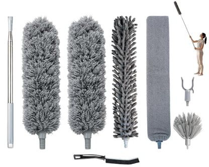 Microfiber Feather Duster with Extension Pole 100 Inches, (8 PCS), Cleaning Brush, Dusters for Cleaning High Ceilings, Cobwebs, Blinds, Cars, Reusable, Washable, Extendable, Ceiling Fan Cleaner Duster