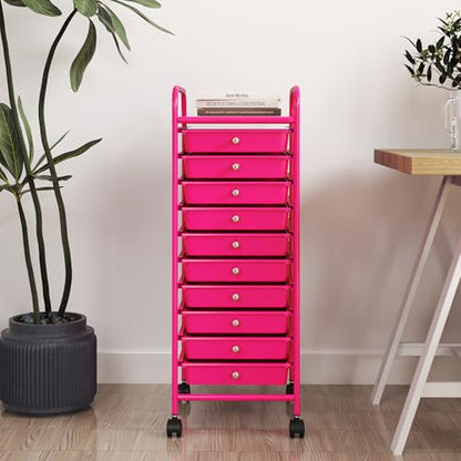 DREAMADE Rolling Cart with Storage Drawers, Utility Cart w/Removable Plastic Drawers, Lockable Wheels, Art Cart for Classroom Organization Art Supplies Office Scrapbook (10 Drawers, Hot Pink) - color: Hot Pink, style: 10 Drawers