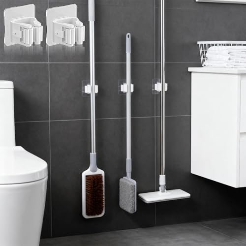 4 Pcs Mop and Broom Holder Wall Mount, Peel and Stick Mop Hanger Hooks, No-Drill Hanging Broom Organizer Storage for Bathroom Kitchen Laundry Room Garage Garden