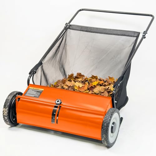 PPOLB 26" Push Lawn Sweeper, 7 cu.ft Large Capacity Yard Sweeper Push, 5:1 High-Density 4 Brushes, Adjustable Height, Heavy Duty Leaf Collector with Detachable Hopper, Rubber Wheels, Ergonomic Handle - color: Orange