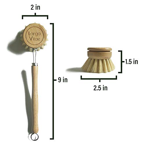 Wooden Dish Brush Made of Renewable Bamboo Wood and Natural Bristle Tampico Fiber, includes 5 Replacement Brush Heads, Durable, Long Lasting, All Purpose Kitchen Scrubber