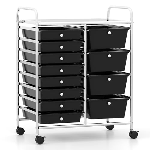 LDAILY 12 Drawer Rolling Storage Cart, Rolling Cart with Drawers for Classroom, Art Supply Craft Organizer on Wheel with Metal Frame & Handles for Home Office School (Black, 12 Drawer Left-Right) - color: Black, size: 12 Drawer Left-Right