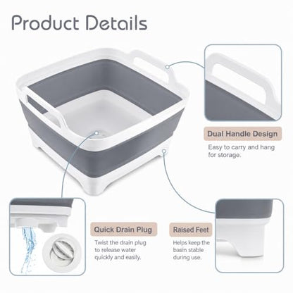 2.4 Gal(9L) Collapsible Dish Basin with Drain Plug, Space Saving Outdoor Multiuse Foldable Sink Tub, Dishpan, Kitchen Storage Tray for Camping, Vegetable Washing, RV (Gray) - color: Gray