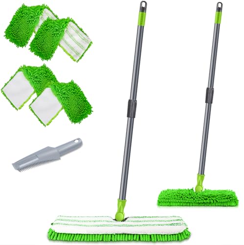 MASTERTOP Microfiber Mops for Floor Cleaning, Double-Sided Dust Mop with 4 Reusable & Washable Mop Pads, Wet Dry Flat Mop with Extension Stainless Steel Handle for Hardwood, Vinyl, Laminate - color: Light Green, size: 16.8"*5.2"