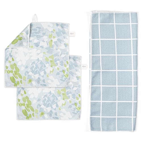 ELYN Microfiber Kitchen Dish Towel & Dish Cloth Set, Quick-Dry & Absorbent Waffle Weave Cleaning Cloths, Set of One Kitchen Towel & Two Washcloths, Paper Towels Alternative (Painterly Floral & Grid) - color: Painterly Floral & Grid, style: Towel & Cloth S