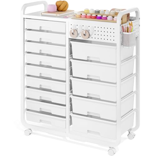 Rolling Storage Cart with 14 Drawers, Storage Organizer Cart with Tabletop and Pegboard,Utility Cart for Living Room, Classroom, Bedroom,Bathroom,Dorm,Office (White) - color: White