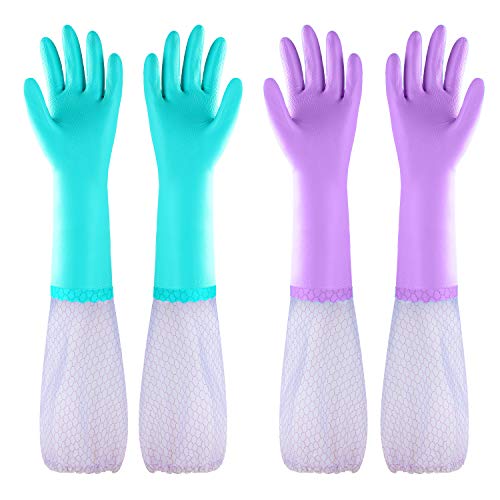 Elgood Reusable Long Sleeve Dishwashing Cleaning Gloves with Latex Free,Cotton Lining,Kitchen Gloves 2 Pairs,Purple+Blue M - color: Long-purple+blue, size: Medium (Pack of 2)