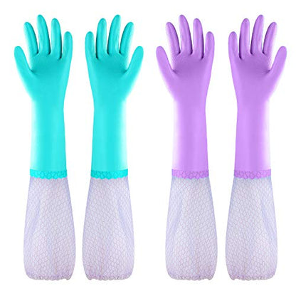 Elgood Reusable Long Sleeve Dishwashing Cleaning Gloves with Latex Free,Cotton Lining,Kitchen Gloves 2 Pairs,Purple+Blue L - color: Long-purple+blue, size: Large (Pack of 2)