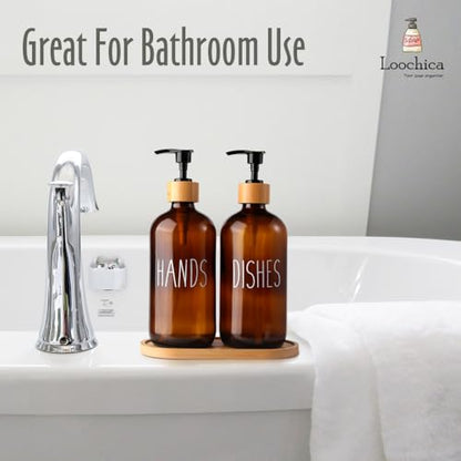 LOOCHICA Amber Glass Soap Dispenser Set with Tray, Amber Dish and Hand Soap Dispenser Set, Refillable Reusable Apothecary Soap Pump Dispenser Bottles for Bathroom and Kitchen - color: A04-2xamber