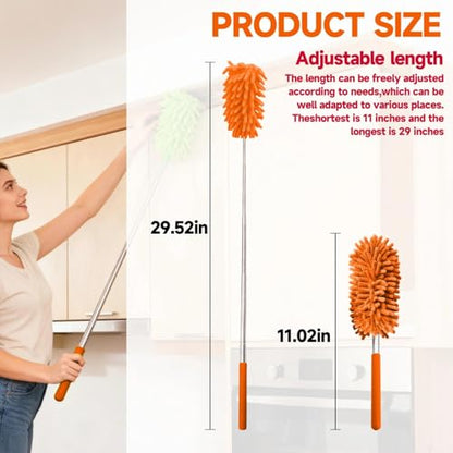 Extendable Microfiber Duster, Telescoping Dusting Brush for Home and Car Cleaning, Adjustable Length, Soft and Flexible - color: Elongated Orange