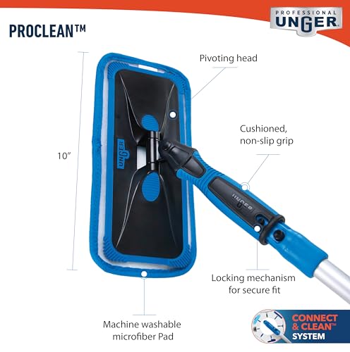 Unger ProClean Connect and Clean Indoor Window Cleaning Kit, Washing Tool with Swivel Head for Tight Corners and Edges, Streak-Free Results on Glass and Mirrors, Reusable Microfiber Pads - size: 1 Count (Pack of 1), style: ProClean Window Cleaning Tool